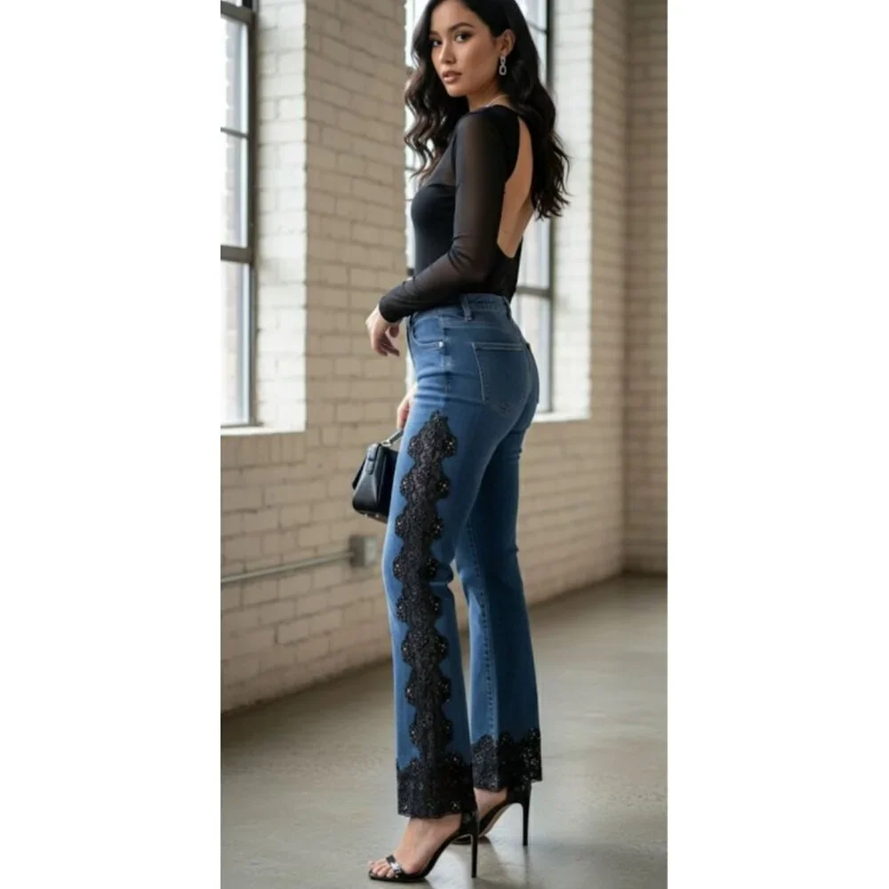 NWT Basix II Embroidered Sheer Side Mid Rise Denim Straight Jeans Blue Womens 4 - Picture 1 of 16